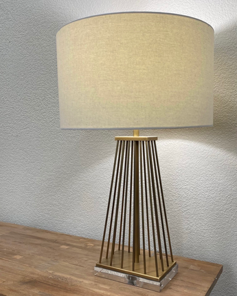 Brass Cage Table Lamp With Linen Shade